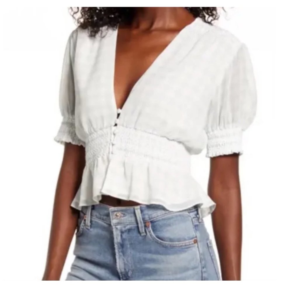 WAYF Blue Puffed Sleeved Smock Blouse